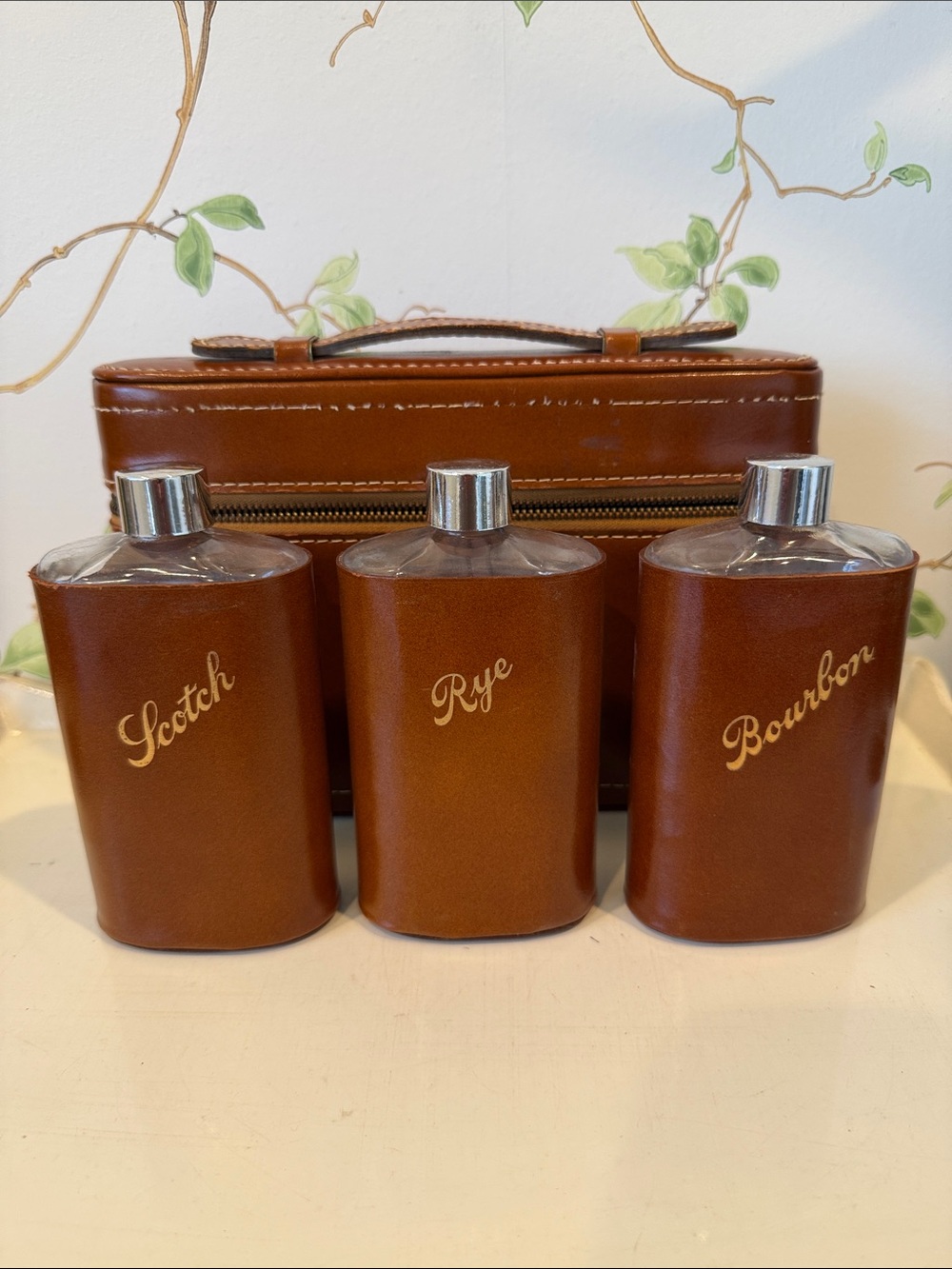 Vintage Leather Travel Bar Flask Case by Tommy Traveler